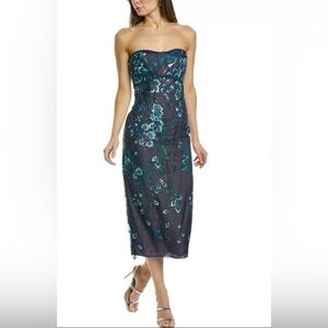 Marchesa Notte Navy and Teal Floral Tea Length Dress size 6